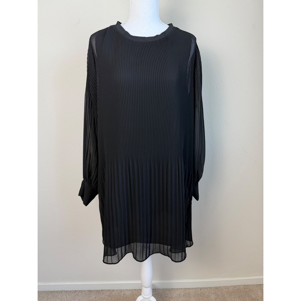 Zara Women Chiffon Mini Dress S Black Pleated Oversized Long Sleeve Shift Lined